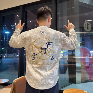 欧洲站新款男士卫衣套头潮秋冬韩版潮流时尚圆领宽松刺绣长袖上衣