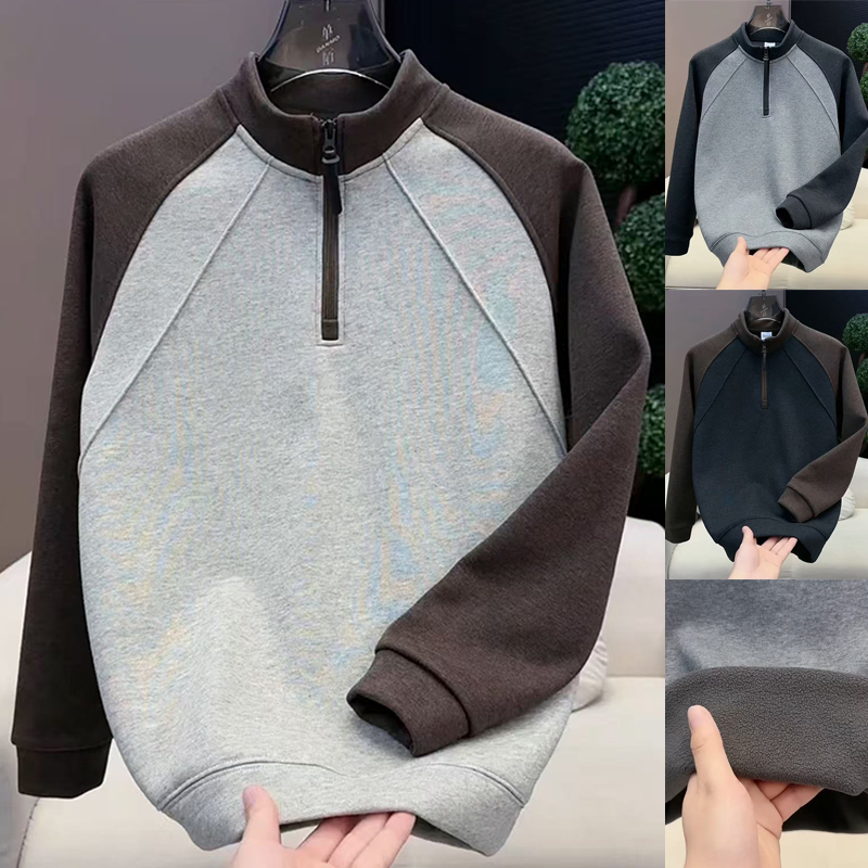 秋冬季新款加绒拼色立领半拉链卫衣男士潮牌时尚高档百搭长袖上衣