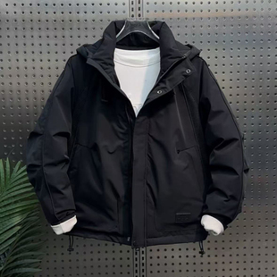 秋冬潮牌高级感拼接连帽二棉夹克外套男士百搭加棉保暖户外冲锋衣