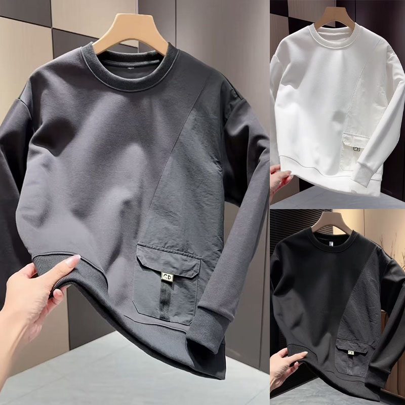 秋冬男士长袖圆领卫衣2025拼接口袋纯色简约百搭圆领青年打底衫潮