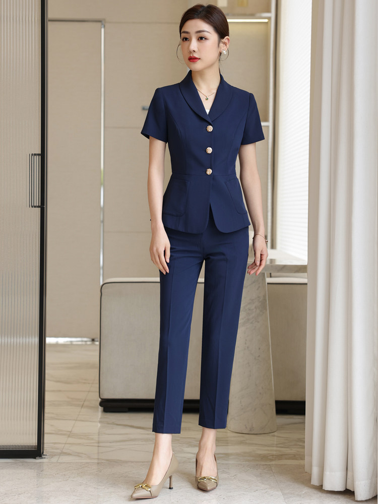 여성을 위한 비즈니스 정장 정장 2023 여름 새로운 기질이 가능한 프런트 데스크 호텔 작은 사람들을 위한 반팔 작업복