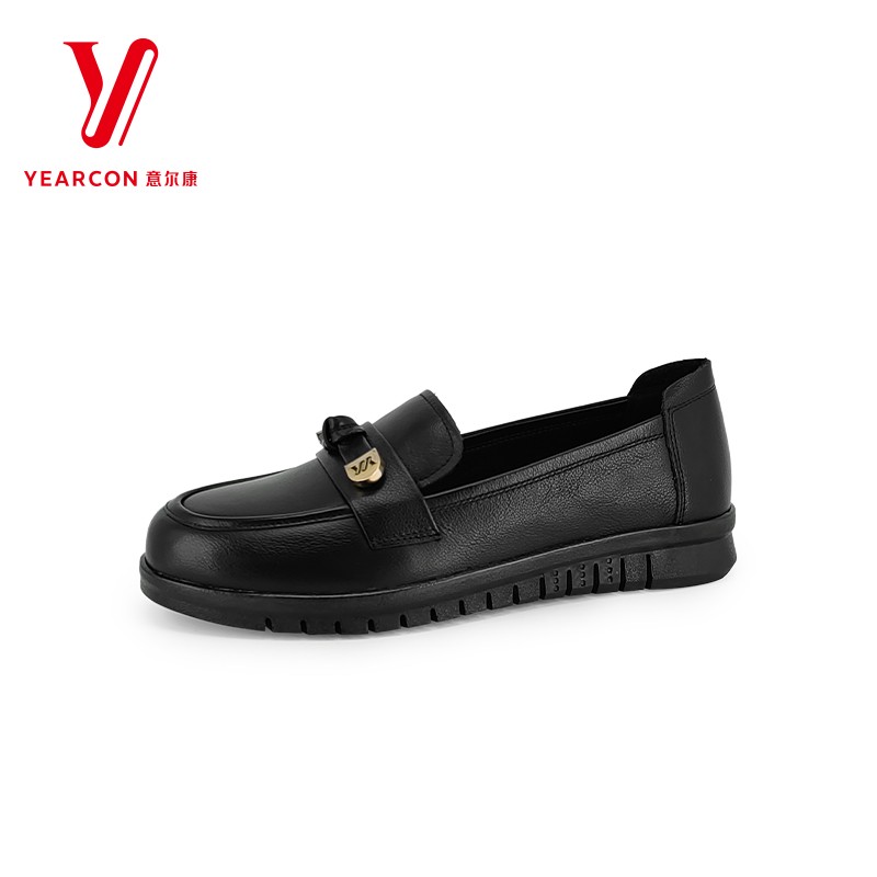 意尔康女鞋乐福鞋牛皮平跟防滑