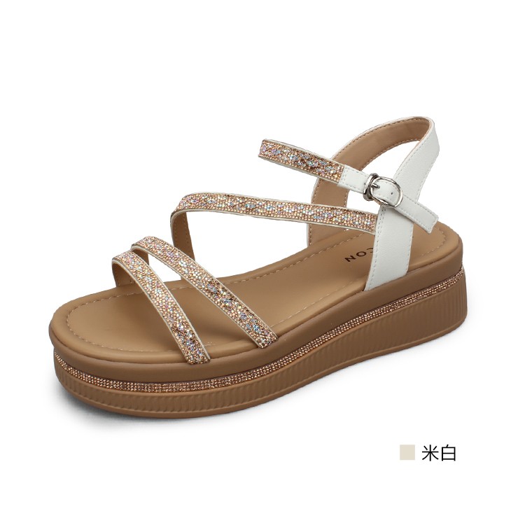 意尔康凉鞋坡跟露趾正品一字带图片