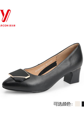意尔康纯牛皮女鞋浅口单鞋女2024新款粗跟中跟不累脚s551da26156y
