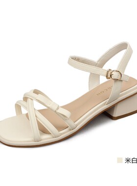 意尔康女凉鞋新款中跟粗跟气质配裙子凉鞋露趾一字带S351AL03676U
