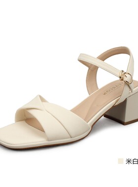 意尔康女士凉鞋2024新款粗跟高跟凉鞋鱼嘴一字带时尚S351AL03753U