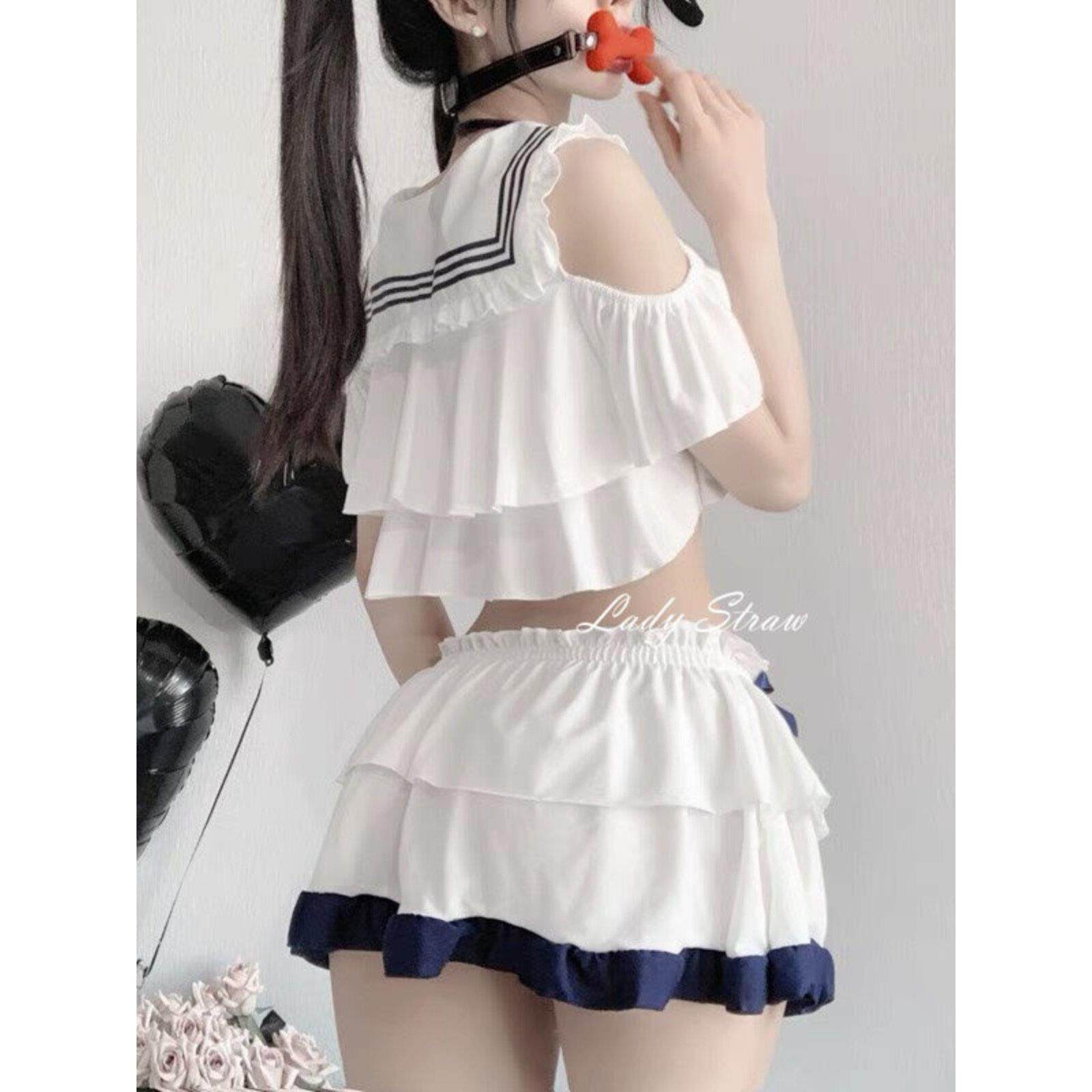 甜妹专属 清纯学生装性感睡衣jk套装衬衫女水手服露肩蛋糕裙睡裙