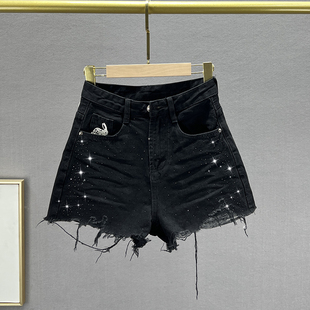 高腰显瘦欧洲站烫钻a字阔腿热裤 夏季 女潮2023年新款 破洞牛仔短裤