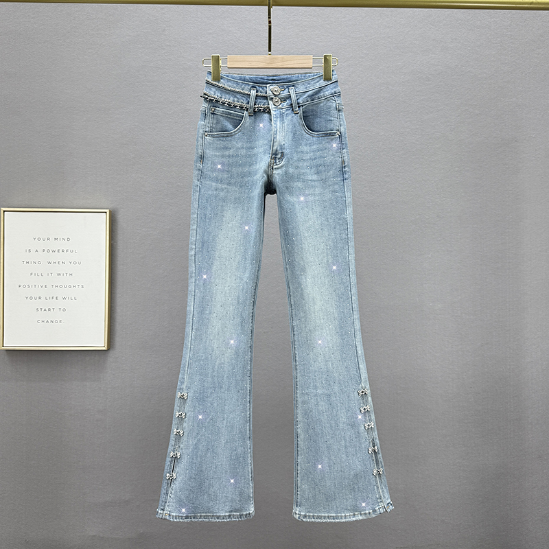 高腰牛仔微喇裤女2025年春季新款弹力修身显瘦欧货重工烫钻加长裤