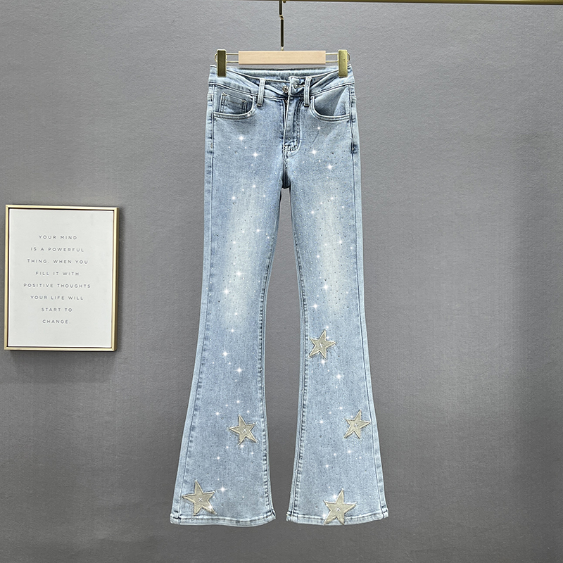 烫钻牛仔喇叭裤女潮2024年新款春季弹力高腰修身显瘦星星刺绣长裤