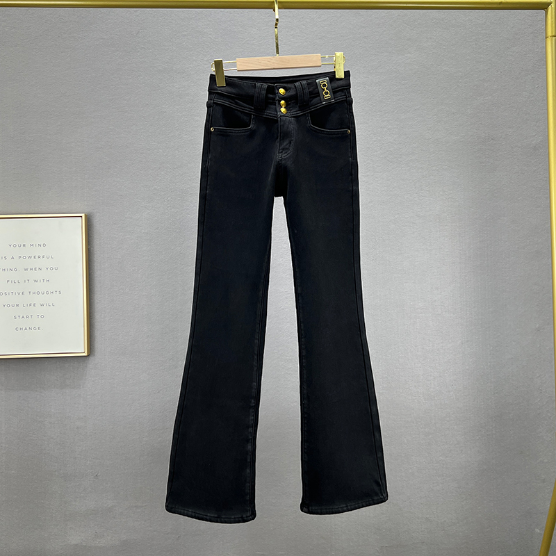 2023年冬季加绒牛仔微喇裤长裤女