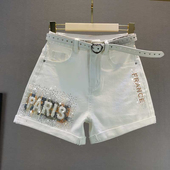 白色牛仔短裤 宽松高腰显瘦欧货彩色字母烫钻热裤 女2025年新款 夏季