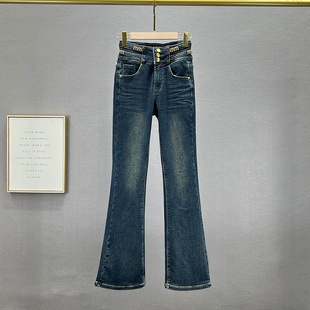 女长裤 显瘦欧洲站微喇叭裤 2023年新款 弹力高腰修身 冬季 加绒牛仔裤