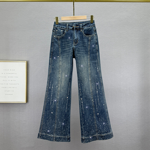 新款 烫钻牛仔裤 女长裤 2026年春季 弹力高腰显瘦ins烫钻阔脚喇叭裤