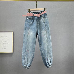 高腰宽松显瘦bf百搭束脚老爹裤 秋季 女潮2024年新款 九分牛仔哈伦裤