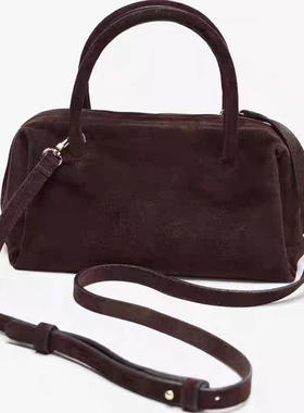 复古绒面保龄球包女手提单肩腋下包百搭通勤包棕色