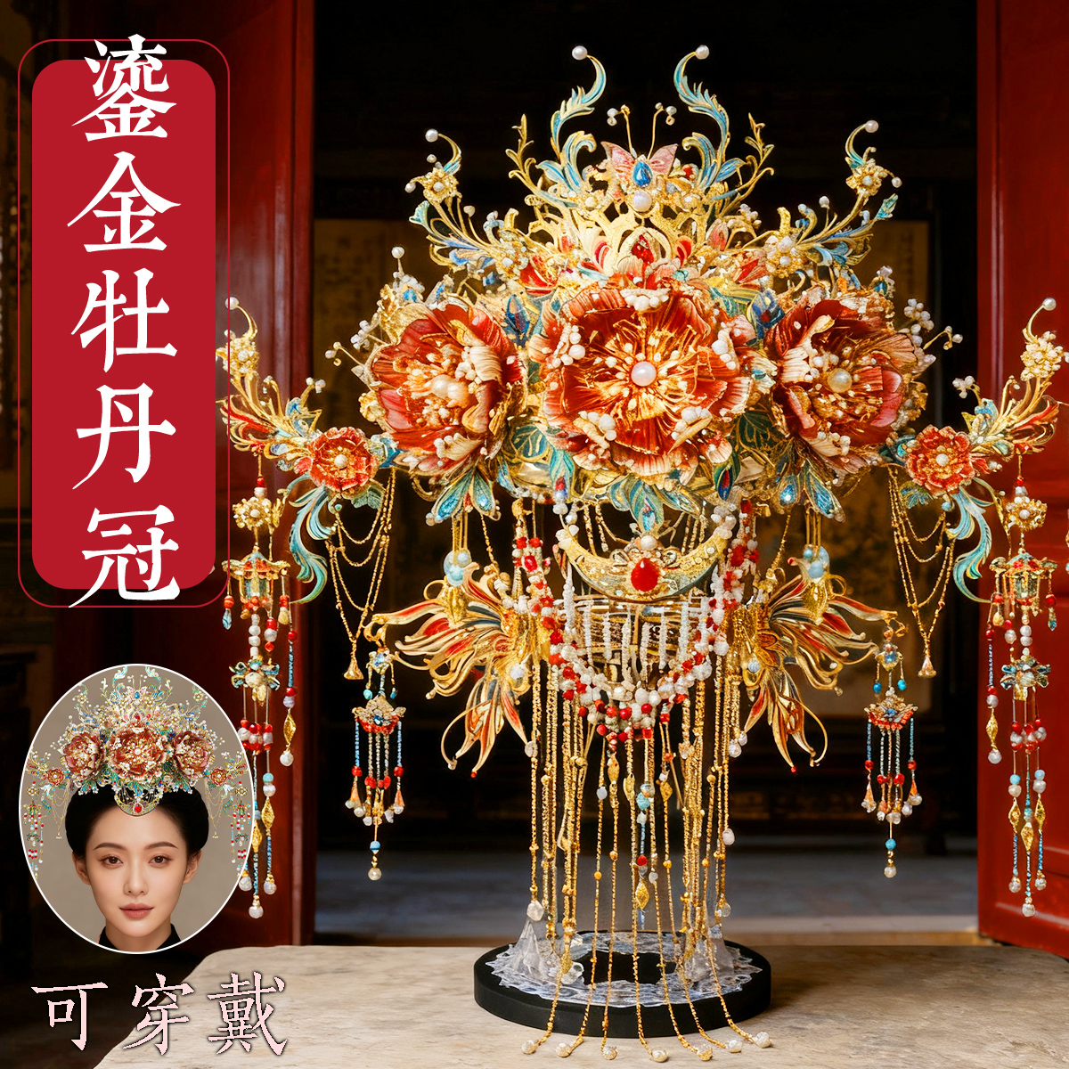 钢达可穿戴牡丹凤冠国风金属拼图