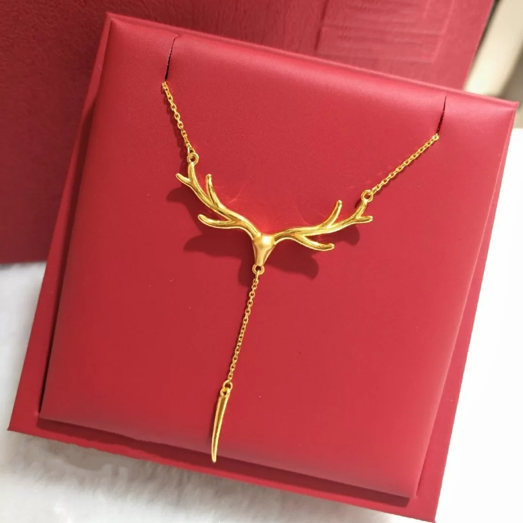 18K黄金麋鹿流苏吊坠毛衣链女气质简约小众纯银鹿角锁骨项链圣诞