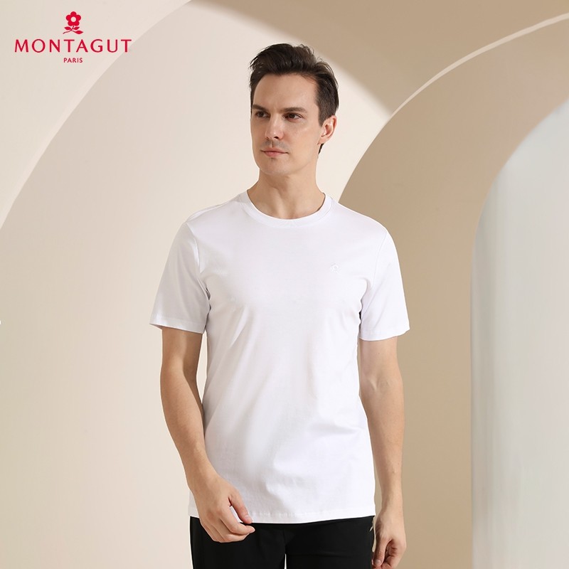 梦特娇男士短袖纯棉圆领夏季潮流半袖修身全棉商务体恤纯色打底衫