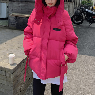 国际大牌火龙果色反季羽绒棉服女冬款小个子学生韩版宽松加厚面包