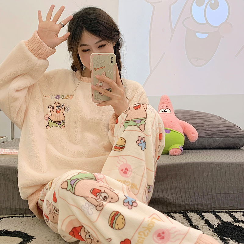 派大星卡通冬季珊瑚绒家居服2025年新款法兰绒简约两件套睡衣女士