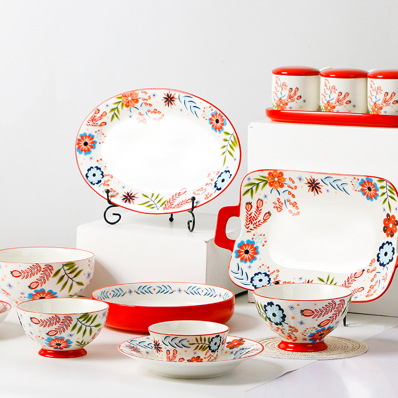 高档陶瓷餐具喜庆花卉饭碗餐盘