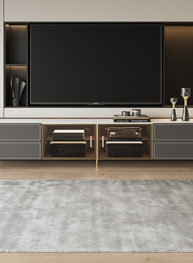 意式轻奢灰色马鞍皮电视柜茶几组合客厅家用现代简约高款储物地柜