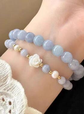 法式山茶花雾霾蓝串珠手链叠戴珍珠手串温柔气质ins风小众配饰