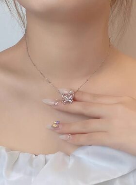 网红粉猫眼石蝴蝶银项链 百搭通勤高级感吊坠 送闺蜜生日礼物