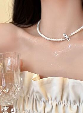 正圆极光无暇珍珠蝴蝶结锁骨链短款百搭项链女款颈链送学生礼物