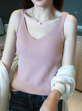 v领吊带背心女夏内搭冰丝针织黑白色小心机打底衫无袖上衣外穿潮