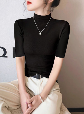 莫代尔黑色半高领短袖t恤女2026春夏冰丝中领半袖打底衫紧身上衣