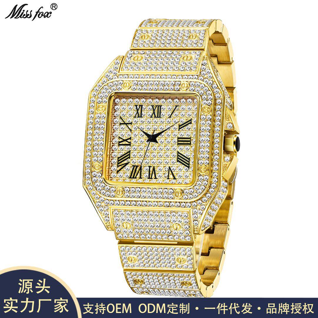missfox欧美金色罗马档嘻哈满天星镶钻方形士手表时尚石英表