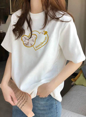 纯棉短袖t恤女夏季百搭显瘦半袖时尚白色体恤宽松休闲上衣女全棉