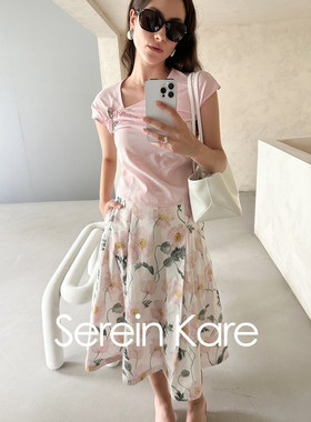 Serein Kare｜海岛假日印花裙百褶花卉中裙全棉半身A字裙
