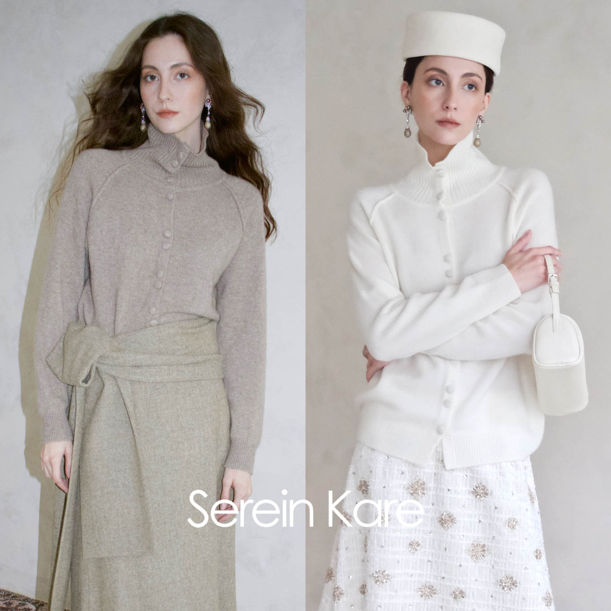 Serein Kare|柔软亲肤山羊绒羊毛高领针织开衫秋冬内搭白色毛衣