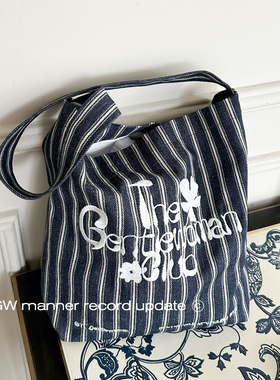 YL Gentlewoman原创设计牛仔条纹字母刺绣帆布包单肩水桶挎包