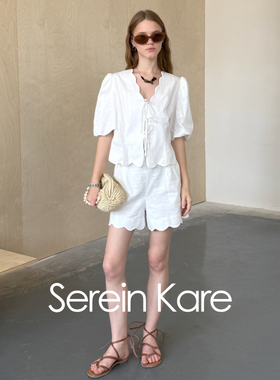 Serein Kare | 法式波浪边棉麻泡泡袖系带衬衣后松紧腰短裤