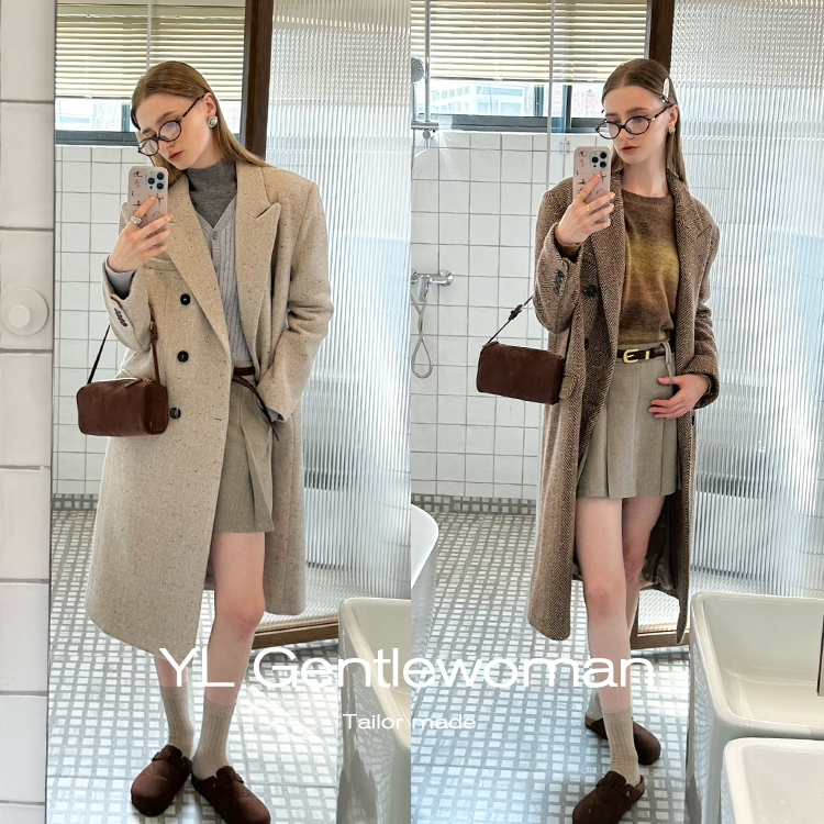 羊毛人字纹长款通勤大衣