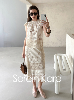 Serein Kare｜法式蕾丝钩花刺绣镂空飞袖衬衫上衣｜a字半身裙