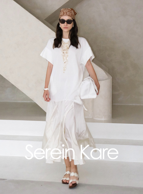 Serein Kare ｜宽松法式拼接T恤连衣裙圆领棉白色连衣长裙