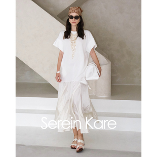Serein Kare ｜宽松法式拼接T恤连衣裙圆领棉白色连衣长裙