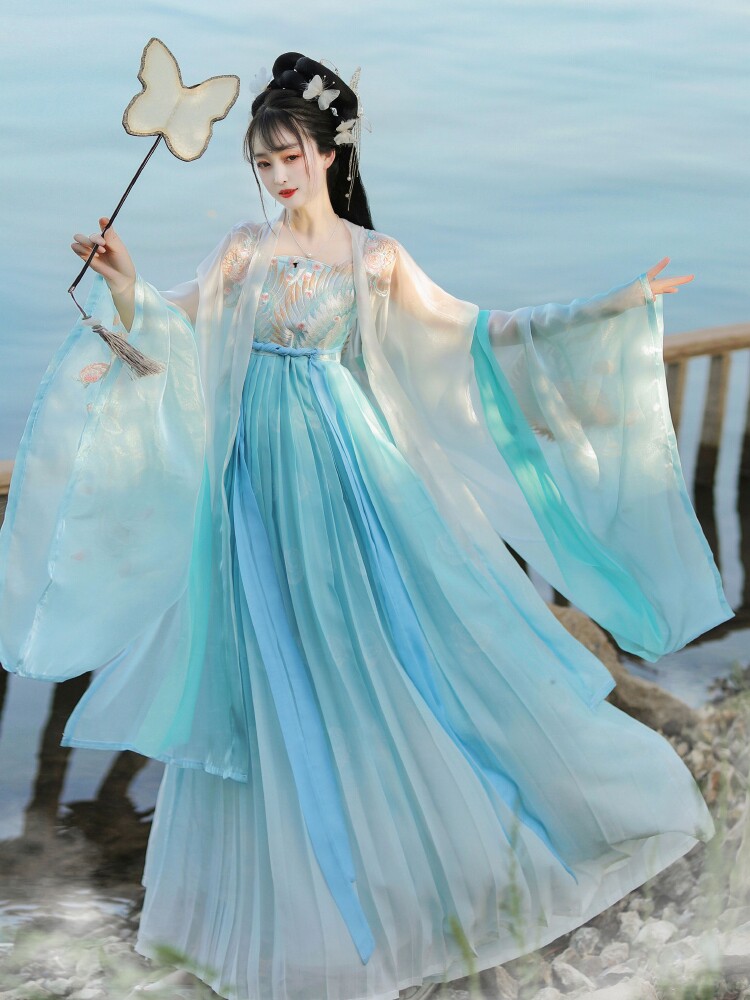 원래 HANFU 여성의 중장비 자수 당나라에서 만든 미로발란 스커트 큰 소매와 원피스 가슴 길이 스커트 중국 스타일 슈퍼 요정 의상