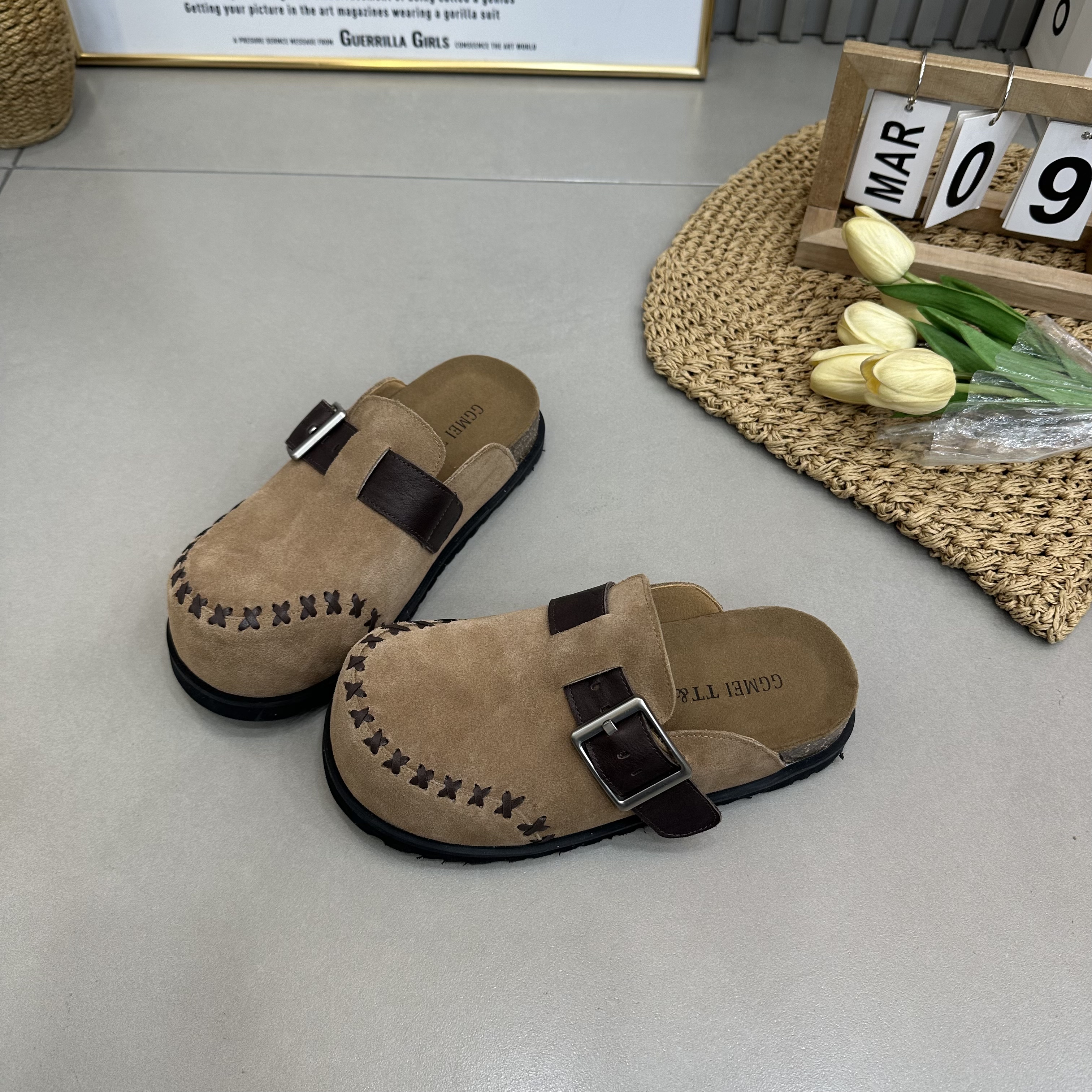 TTRR新款休闲厚底女鞋真皮丑萌大头皮带扣外穿拖鞋铆钉勃肯鞋包头