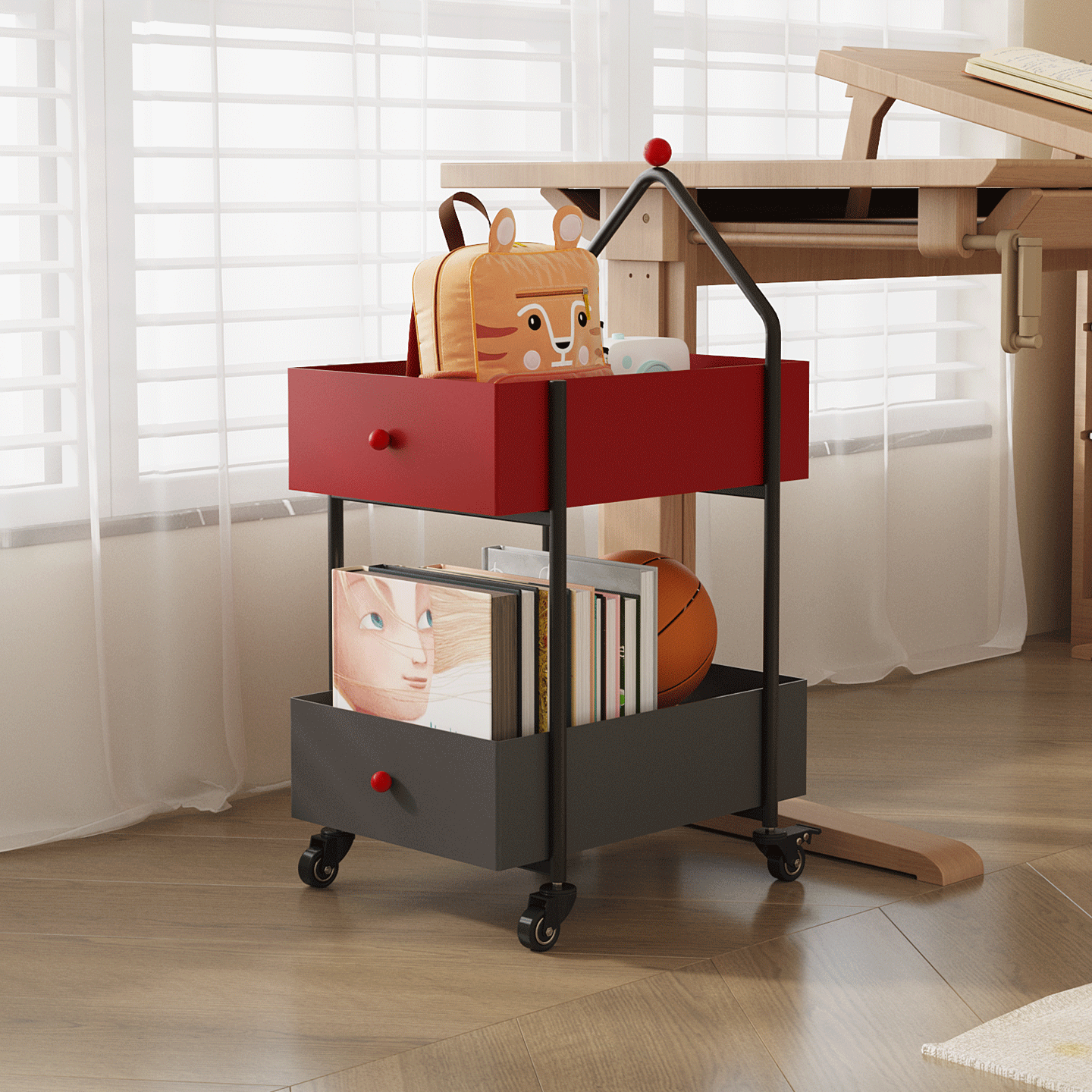 奶油系可移动小推车收纳神器