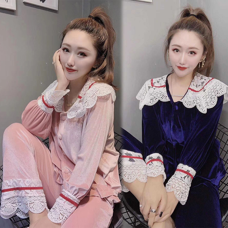 金丝绒秋冬新款宫廷风大翻领睡衣