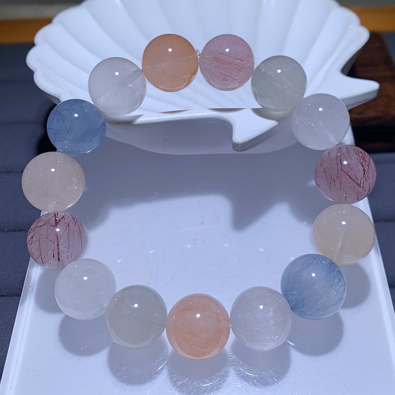 天然冰透拉丝兔毛水晶手链单圈柔顺彩发晶手串时尚配饰礼物情侣款