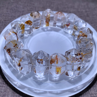 天然冰透胶花闪灵双尖单圈手串水晶黄铁矿石彩铜矿红黄胶花送礼女