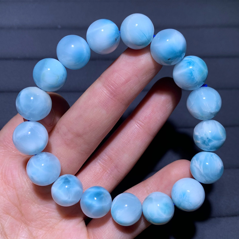 天然玉化海纹石手串单圈拉利玛淡蓝水晶手链针钠钙石饰品一物一图