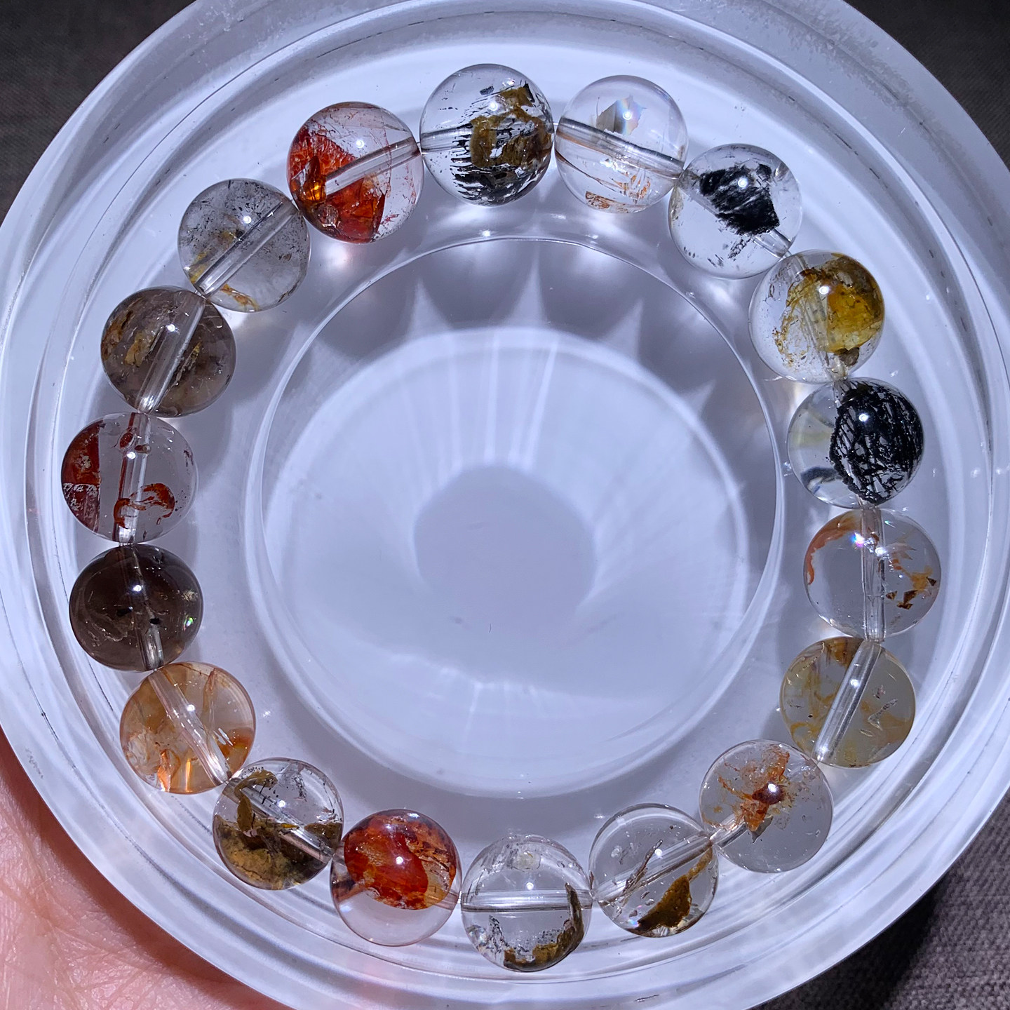 天然冰透胶花闪灵单圈手串黄铁矿石彩铜矿红黄胶花一物一图送礼女